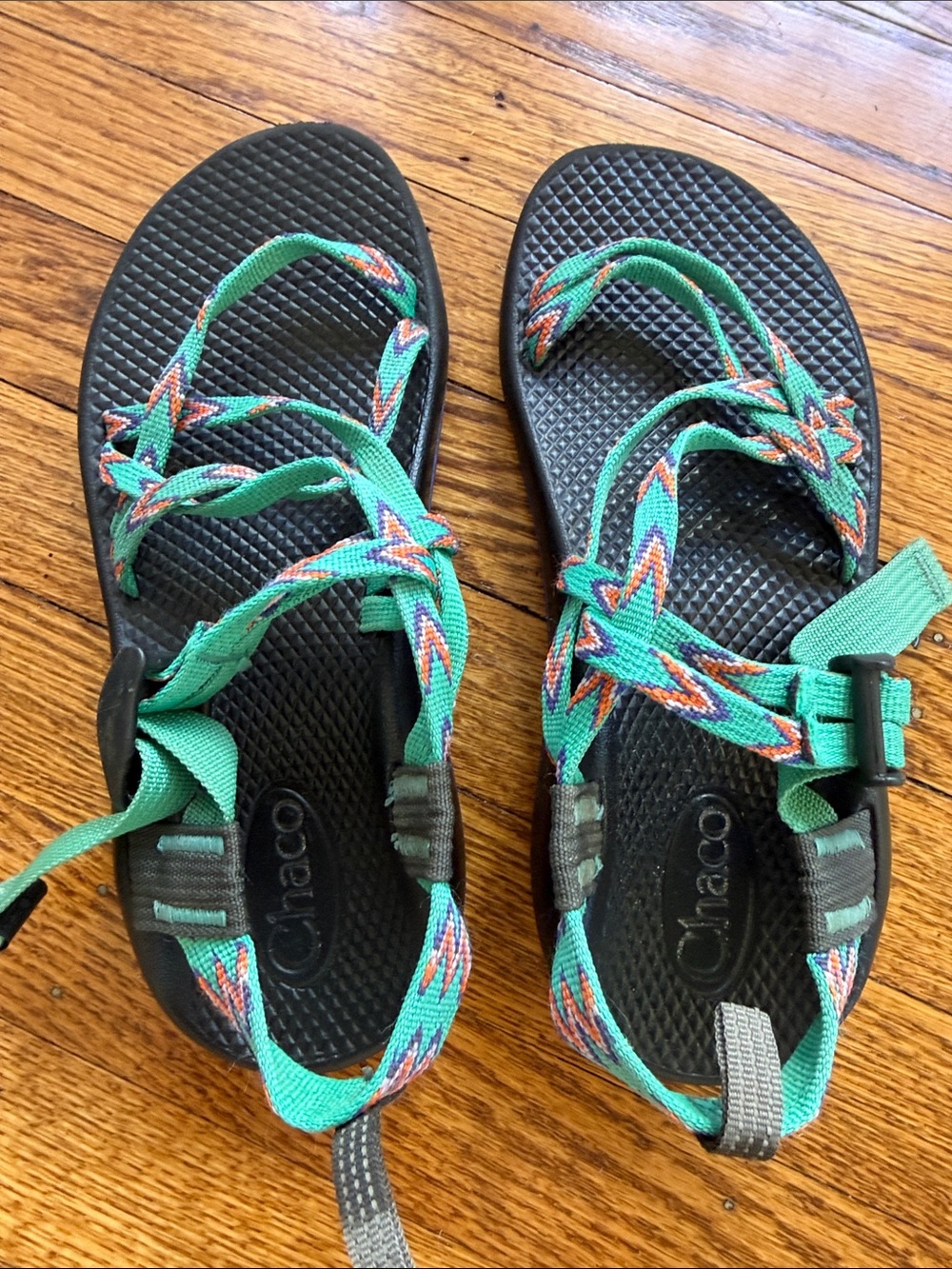 Chaco Kids' Teal Strappy Sandals with Multicolor Chevron Accents